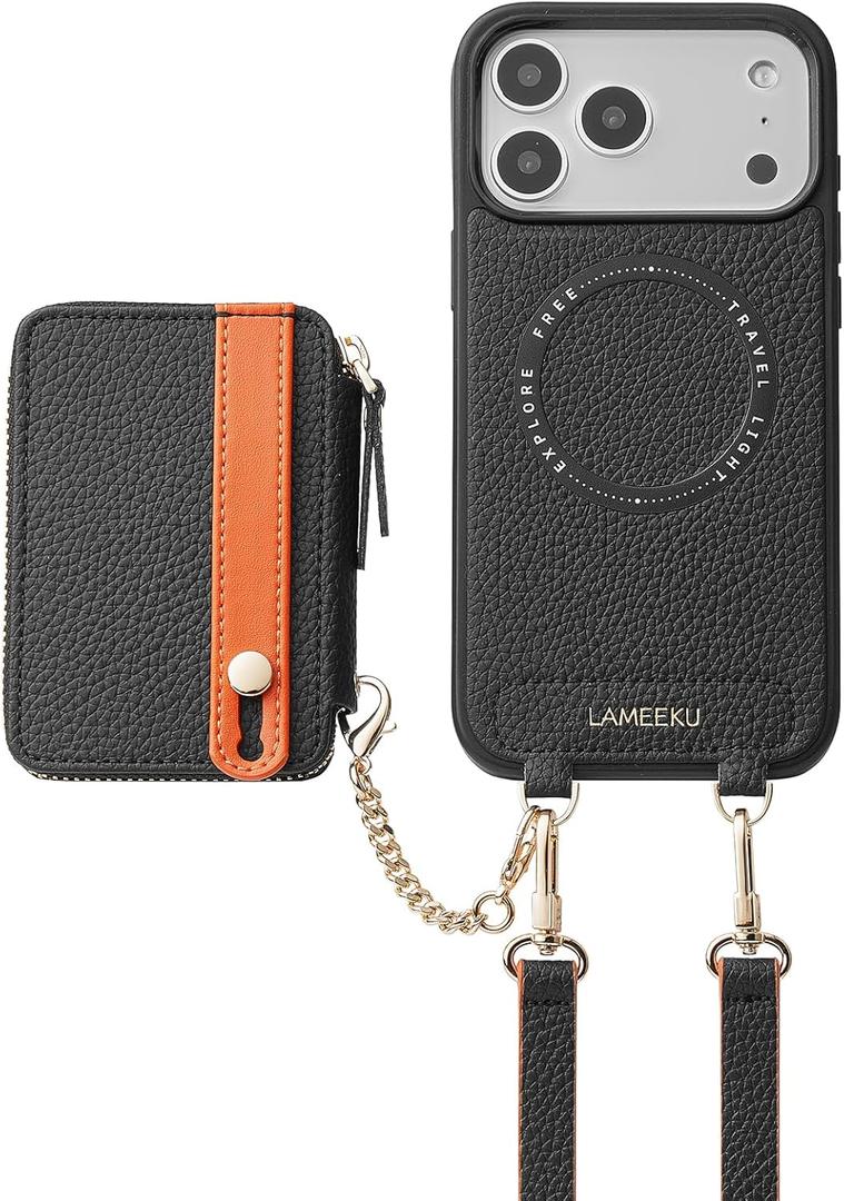 LAMEEKU for iPhone 17 Pro Max Case Wallet for Magsafe, Magnetic Card Holder Leather Crossbody Cover with Phone Grip 6.9'' Black