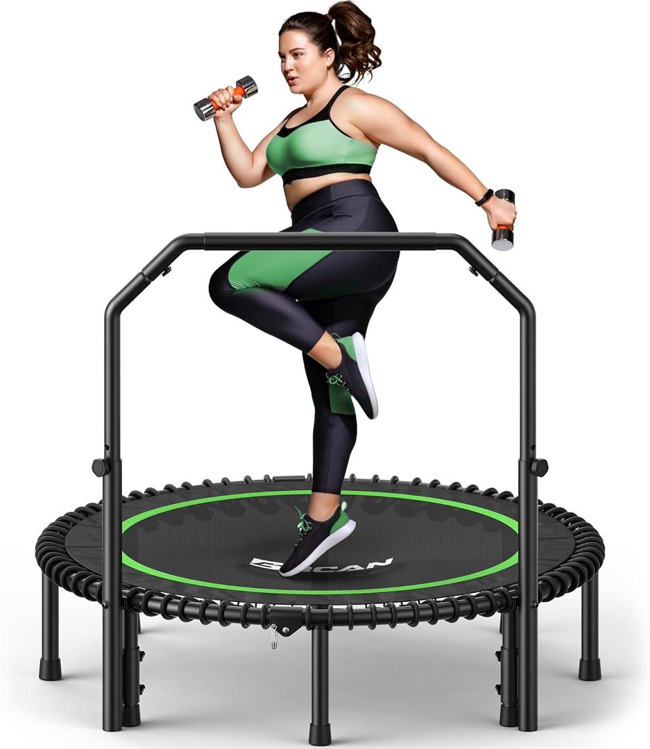 BCAN BT2 550LBS Mini Rebounder Trampoline for Adults with Bar, Fitness Trampoline with Bungees, Adjustable Handle, Stable & Quiet, Indoor Outdoor, Whole-Body Workout & Relaxation at Home-48IN-GRN