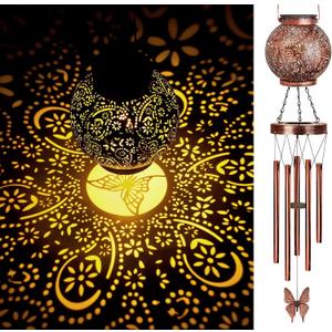 YHmall Solar Wind Chimes for Outside, Butterfly Birthday Gifts for Women Mom, Flower Solar Lantern Windchimes Outdoors, Hanging Memorial Wind Chimes for Garden Decor