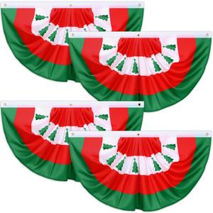 VitalCozy 4 Pcs Christmas Bunting Outdoor Flag for Outside 3 x 1.5 ft Winter Banner Christmas Tree Pattern Hanging Pleated Bunting Fan Flag Xmas Outdoor Decorations for Holiday Party
