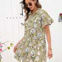Women's Summer Short Puff Sleeve Floral Dress Button Down Loose Fit Casual Shirt Dresses (M)