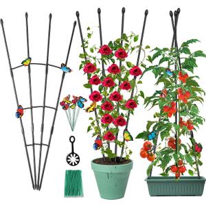 Garden Trellis for Climbing Plants Outdoor & Indoor, 47in Obelisk Trellis and Tomato cage 2 Shapes Rustproof Plant Support for Indoor Plants Trellis for Potted Plants with 5pcs Decorative Butterfly (1 Pack)