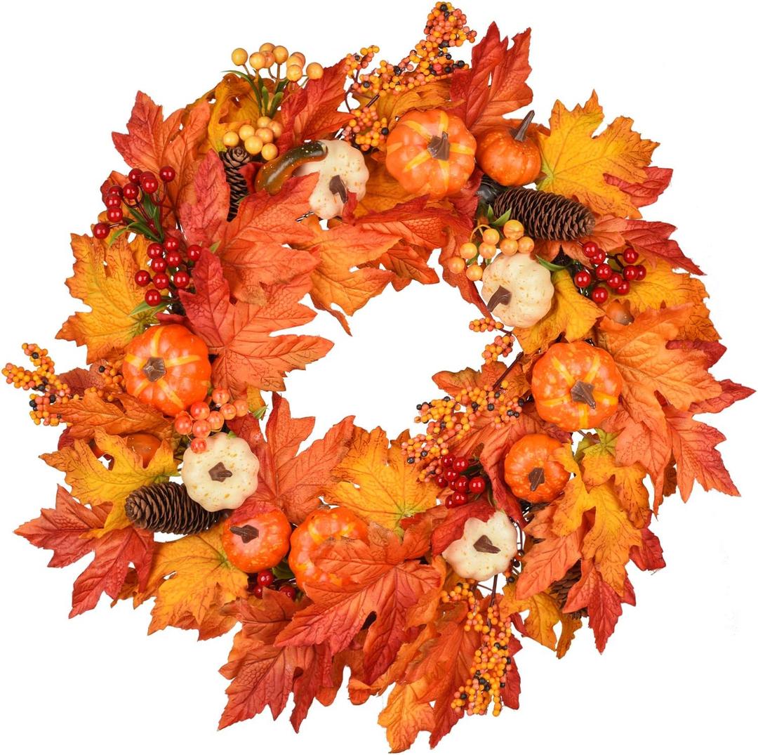 DearHouse 22 Inch Fall Wreath, Clearance Autumn Maple Leaf Harvest Thanksgiving Door Wreath for Front Door with Pumpkins, Pinecone, Maple Leaf and Berry
