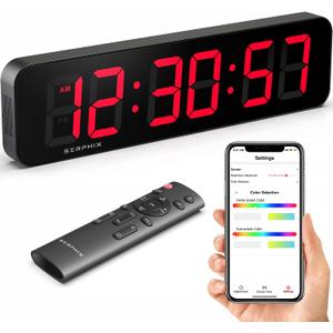 15.2" Large Digital Wall Clock with Seconds, App & Remote Control, Customizable RGB Colors, Alarms, Stopwatch, Countdown, Timer Clock for Home Gym Living Room Office Garage Decor, Black