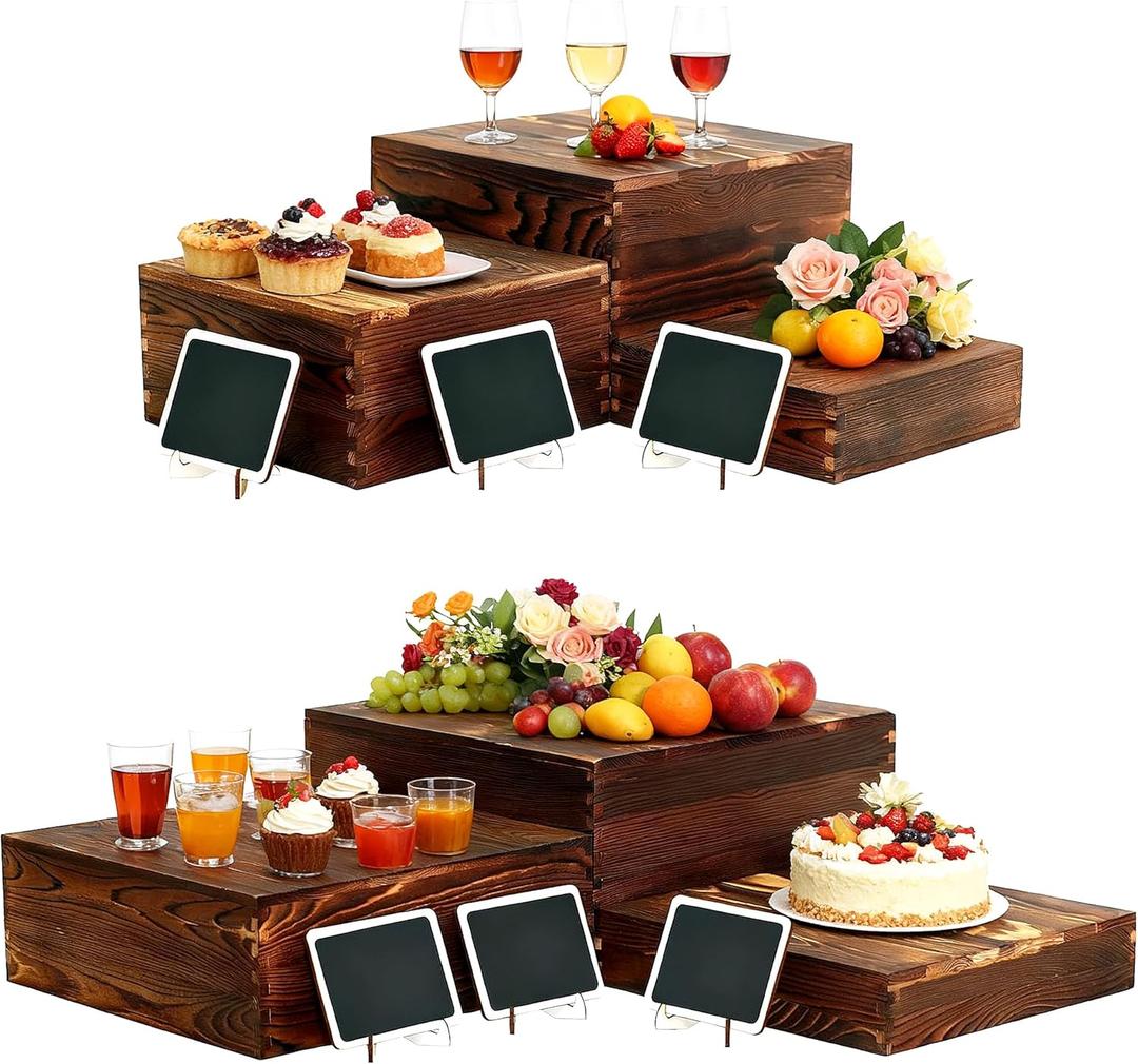 6 Pack Wooden Buffet Risers Rustic Wood Cupcake Stand Catering Supplies Buffet Display with Mini Signs Food Risers for Buffet Table Dessert Display Stand for Home Decor Party Wedding Birthday