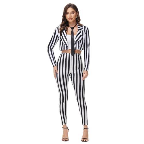 Black and White Striped Blazer and Pants for Women,Pinstripe Jacket Suit,Halloween Cosplay Parties 3XL