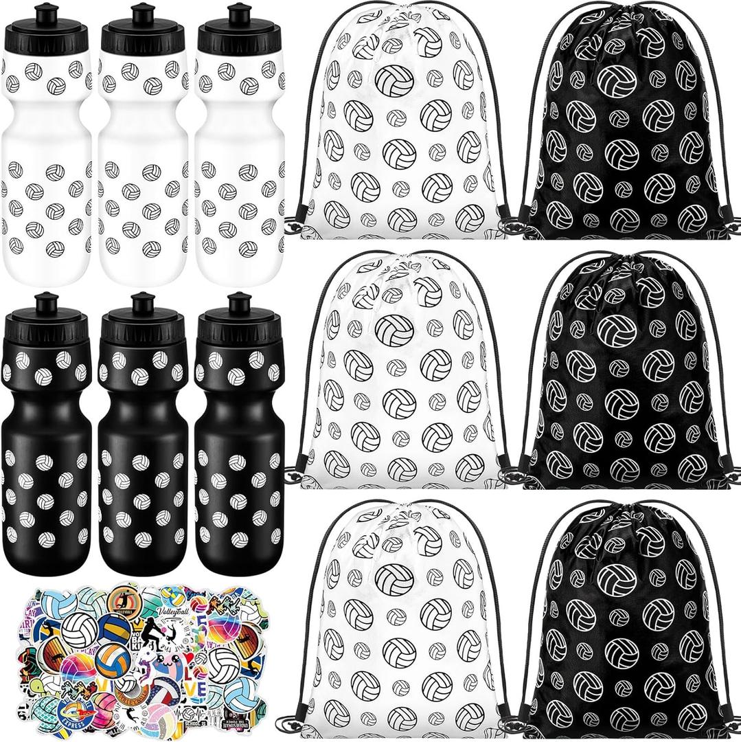 12 Pcs 24 Oz Volleyball Water Bottle Bulk Drawstring Bag and 50 Sticker Set Include 6 Volleyball Theme Squeeze Water Bottle 6 Drawstring Backpack for Team Gifts Sport Events Party Favors