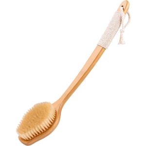 Bamboo Back Scrubber for Shower with Curved Long Handle - Stiff Natural Boar Bristles for Men and Women, Deep Cleansing and Exfoliating, Anti-Slip Grip for Wet or Dry Brushing