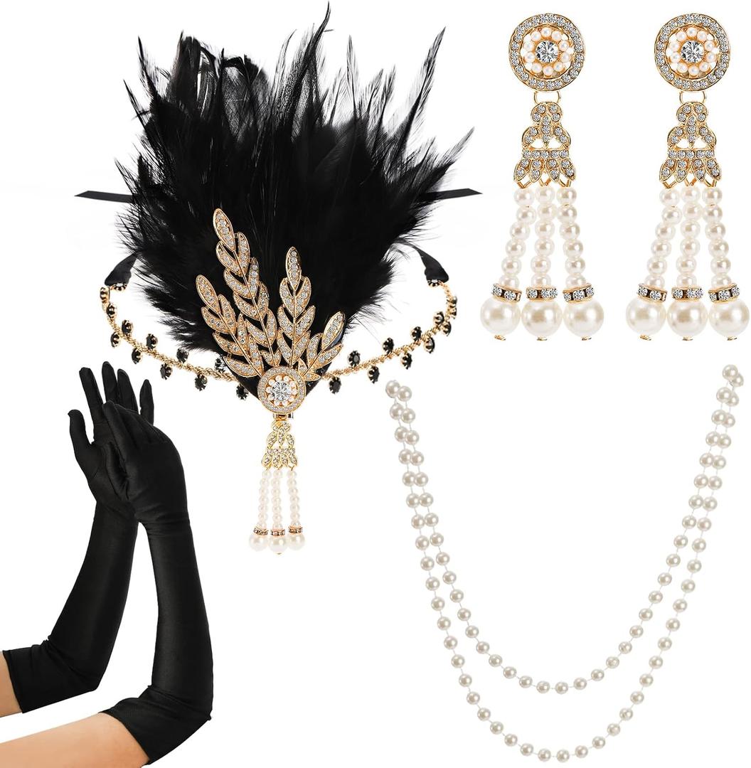 5 Pack 1920s Gatsby Flapper Accessories Set, 20s Party Costume Headband for Women, Feather Flapper Headpiece, Pearl Necklace and Earrings, Gloves, Faux Holder