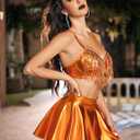 Avidlove 3-Piece Rave Outfits Women Faux Leather Sequin Fringe Crop Top Metallic Mini Skirt Club Festival Halloween Set, Small