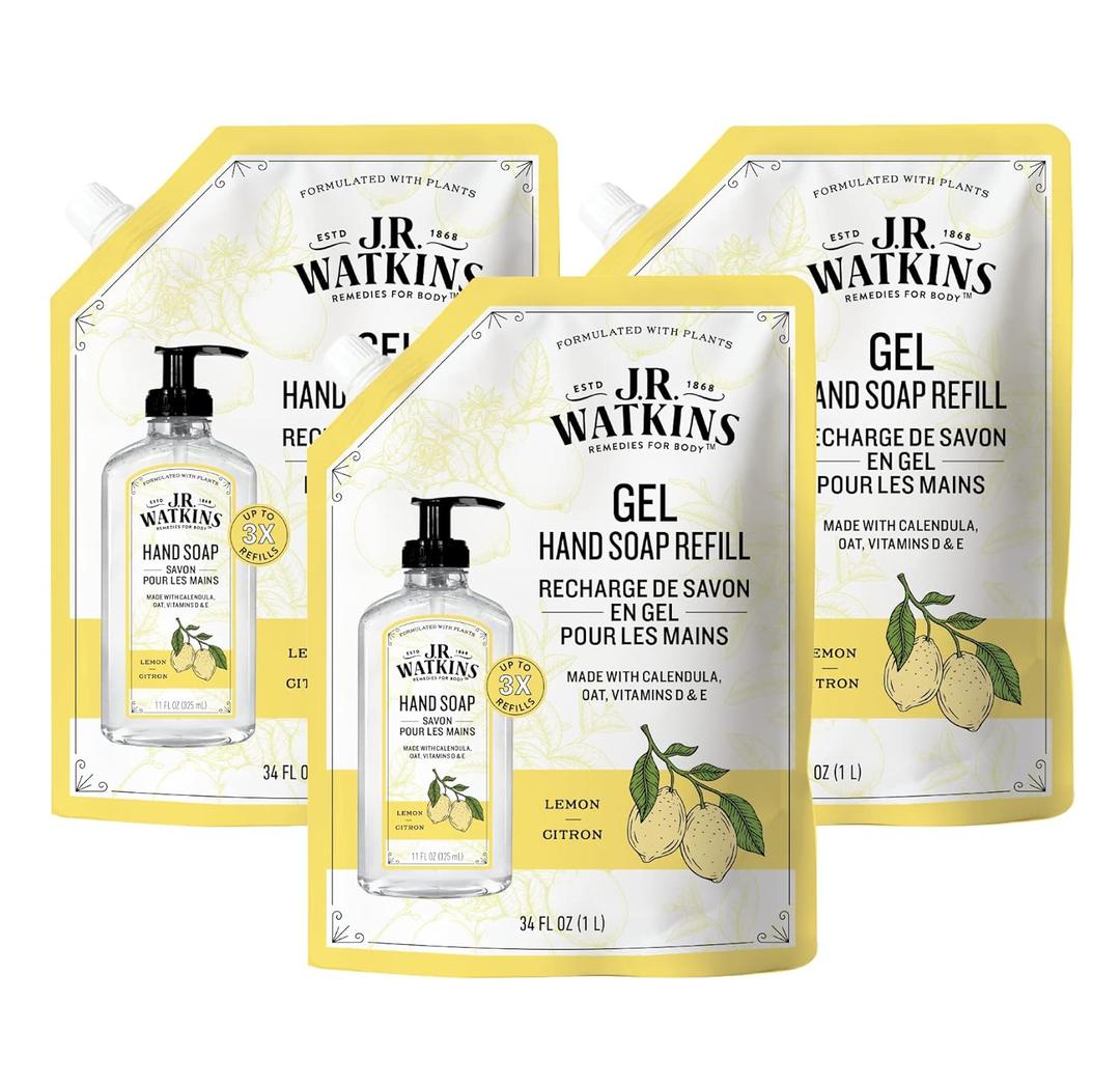 J.R. Watkins Gel Hand Soap Refill, Moisturizing Hand Wash, Alcohol-Free, Cruelty-Free, Lemon, 34 Fl Oz, 3 Pack