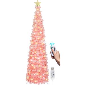 SINTENILL 6 FT Pop Up Christmas Tree with 100 LED Timer Lights & Remote, Pink Collapsible Christmas Tinsel Tree Artificial Pencil Tree Xmas Decoration for Holiday Home Office Party, USB Powered