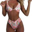 geluboao Bikini Set for Women Solid V Neck Knot Front Push Up High Leg Thong Two Piece Swimsuit, Small,