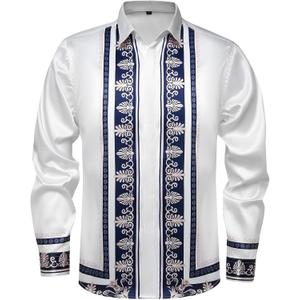 Mens Luxury Print Dress Shirt Long Sleeve Button-Down Shirt (White, M)