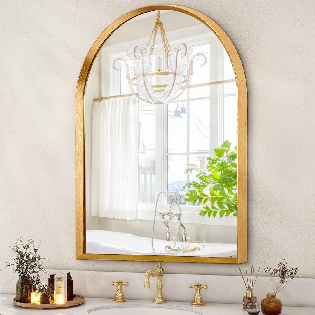 Arched Bathroom Mirror, Wall Mounted Mirror Gold Arch Mirror Aluminum Alloy Frame Bathroom Mirror Living Room, Bedroom, Bathroom and Entryway 20"x16"
