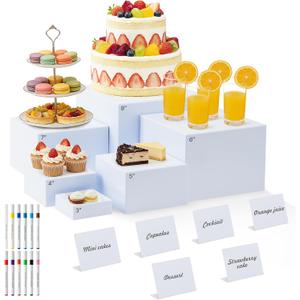 Nestable Buffet Risers - 6 Pcs White Acrylic Food Risers with Signs & Markers  Sturdy Dessert Table Display Stands for Parties, Catering, Jewelry & Collectibles (Easy-Store Stackable Cubes: 8", 7", 6", 5", 4", 3")