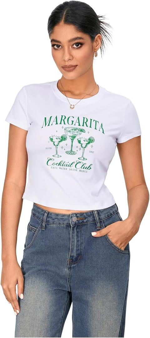 WDIRARA Women's Graphic Print Round Neck Short Sleeve Crop Tops Summer Casual Tee Shirts White Medium