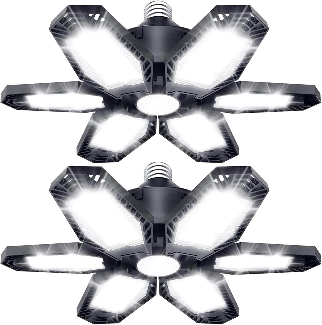 TANBABY 2 Pack LED Garage Lights, 150W Deformable Best Ceiling Shop Lights, 15000LM LED Light 6500K Garage Lighting with 6+1 Adjustable Panels Bulb for Basement (150W White-Plastic 2 Pack)
