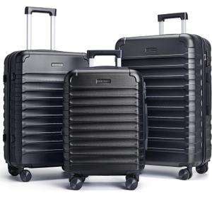 LIGHT FLIGHT Luggage Sets, 3 Piece Durable Suitcase Set with Spinner Wheels, 3 Pcs Hardside Lightweight luggage with TSA Lock, Large Checked Travel Suitcases, 20/24/28 Inch, Black