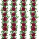 Dolicer 4Pcs 26Ft Artificial Eucalyptus Garlands with Flowers - 8 Roses, Faux Floral Greenery Garlands Fake Flowers Vines for Wedding Table Centerpieces Arch Party Ceremony Backdrop Decor (Red)