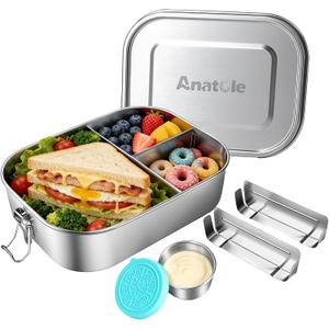Anatole 304 Stainless Steel Bento Box 49oz 1450ml Leak-Proof Lunch Box 3 Compartments with 2 Removable Dividers 1 Sauce Container BPA Free Dishwasher Safe Food Container for Adults Work Travel