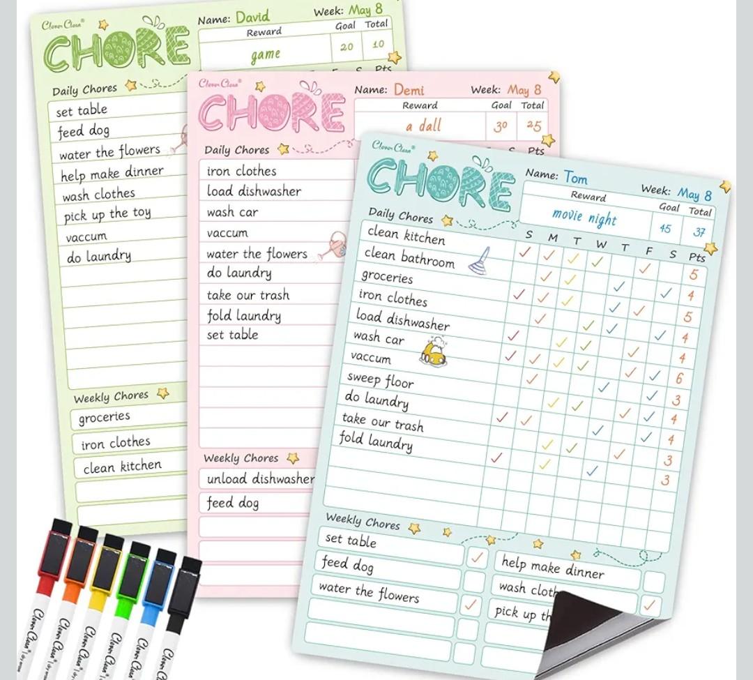Magnetic Dry Erase Chore Chart - 8.5"x12" Behavior Responsibility Chore Board for Kids, Teenagers - 6 Extra Fine Point Markers Included - Shipped Flat 3 Pcs Blue Pink & Green
