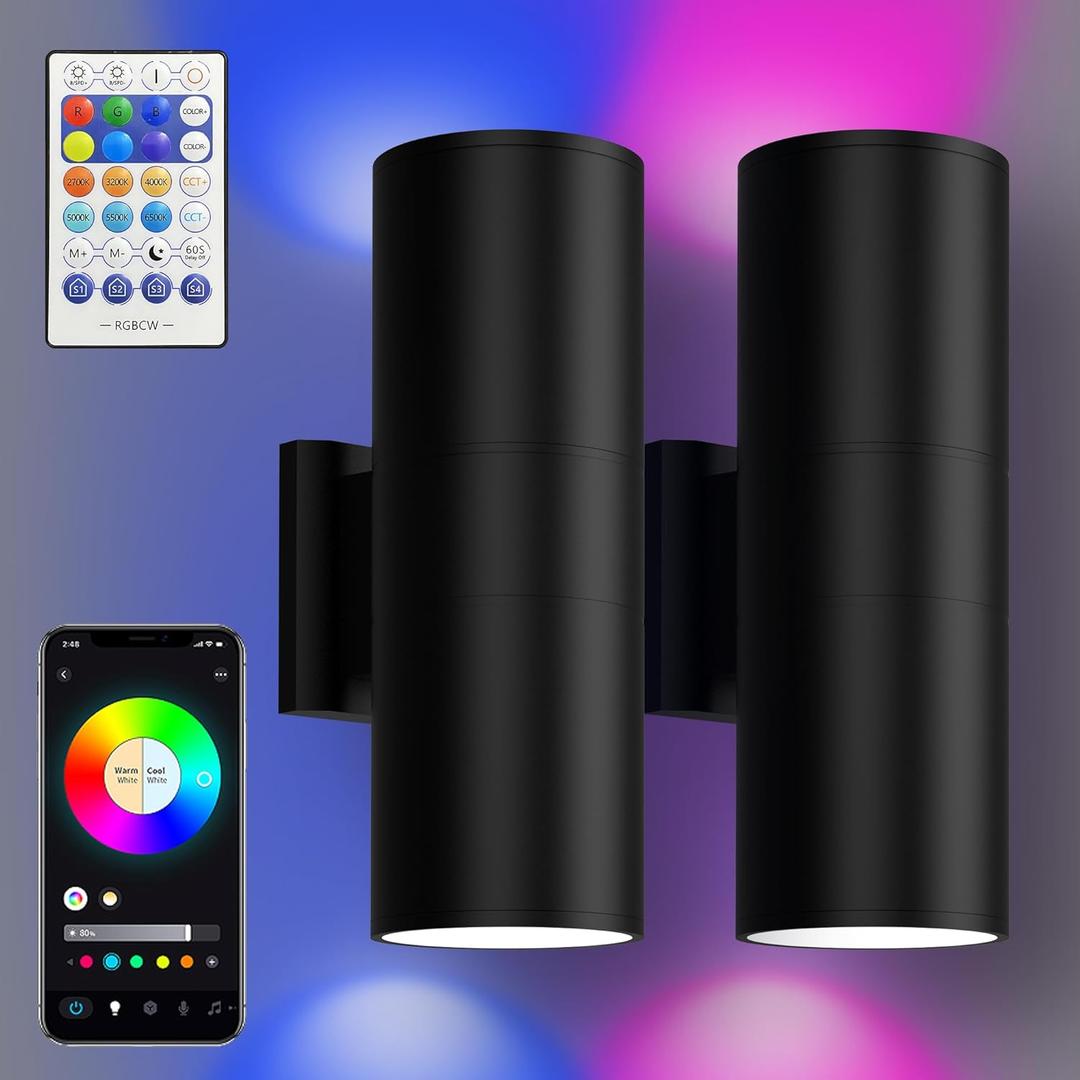 Smart RGBCW Up and Down Outdoor Wall Lights 120W, Dual Beam LED Wall Sconce with App & RF Control, 2700K-6500K Adjustable White, Color Changing Dimmable Exterior Light for Porch, Patio, Garage