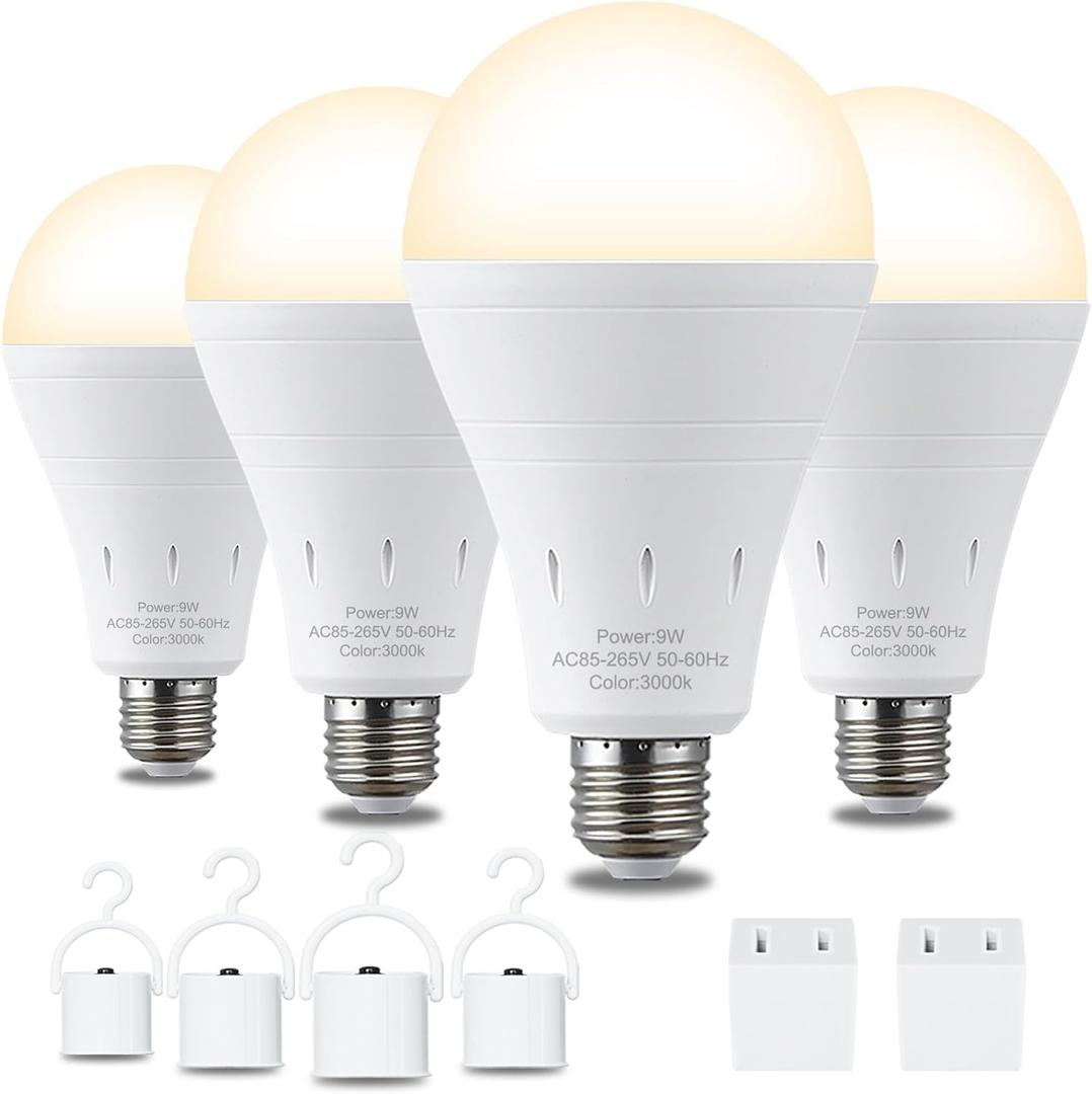 4 Pack Rechargeable Emergency Light Bulbs, Battery Powered Energy Efficient LED Light Bulb 3000K Warm E26 120 Volt 9W 60W Equivalent with 1200mAh for Home Power Outage Camping Hurricane (Soft White)
