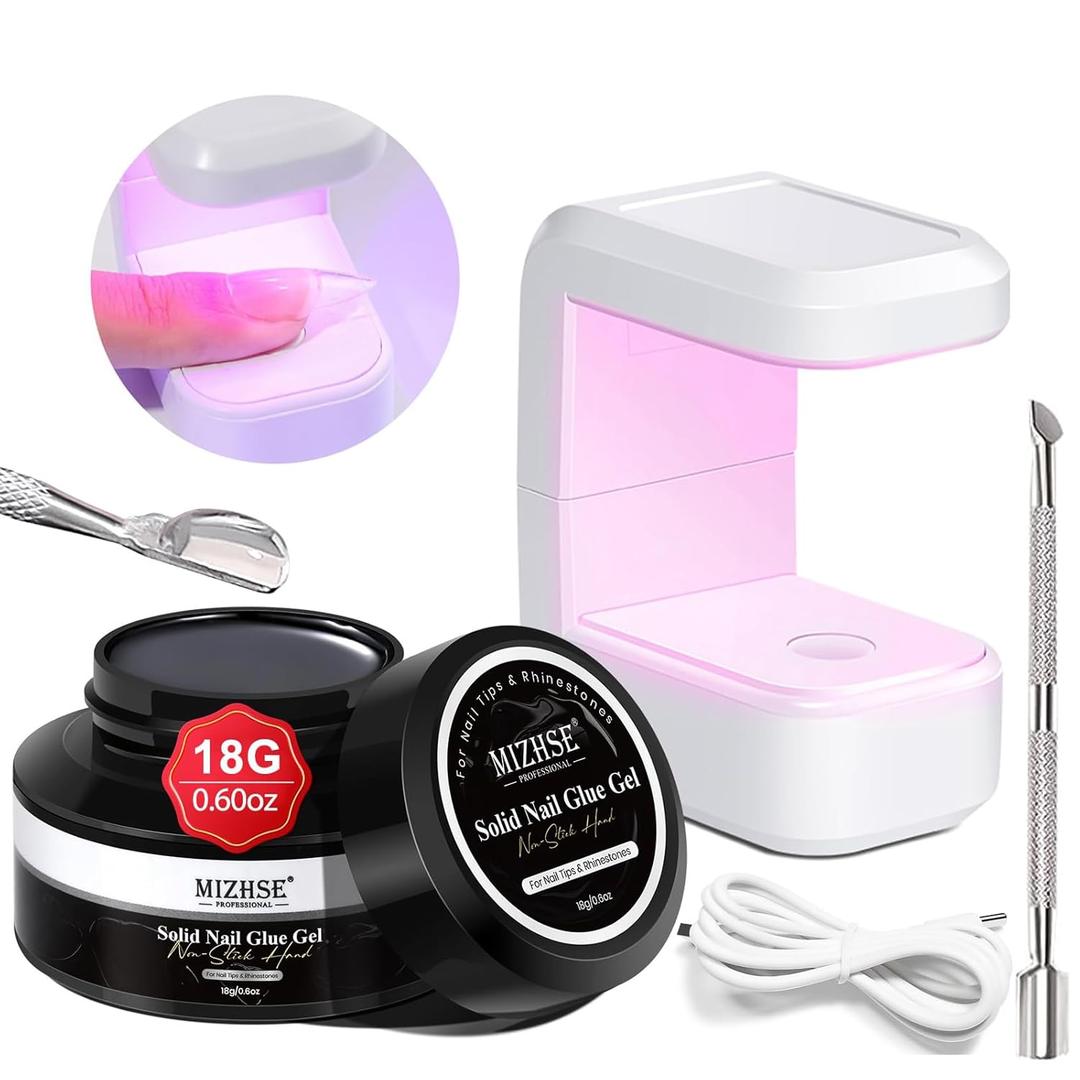 MIZHSE Solid Nail Glue, 18g Solid U V Gel Nail Glue Gel for Nails and Mini Light LED Lamp for Acrylic Nails Tips Long Lasting Rhinestone Glues for Salon Home DIY