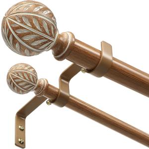 Double Curtain Rods for Windows, Boho Dual Curtain Rods with Decorative Handmade Wood Grain Leaf Finials, 1" Adjustable Heavy Duty Rustic Spliced Metal Window Treatment Rods 36 to 72 inch
