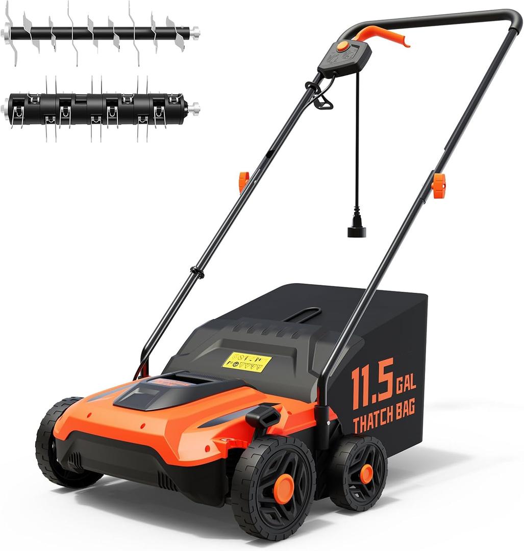 TIECTOWN 14-Inch 13.5 Amp 2-in-1 Electric Dethatcher and Scarifier with 11.5-Gallon Collection Bag, Lawn Dethatcher with 5-Position Depth Adjustment, Blade Replacement Without Tool - Orange