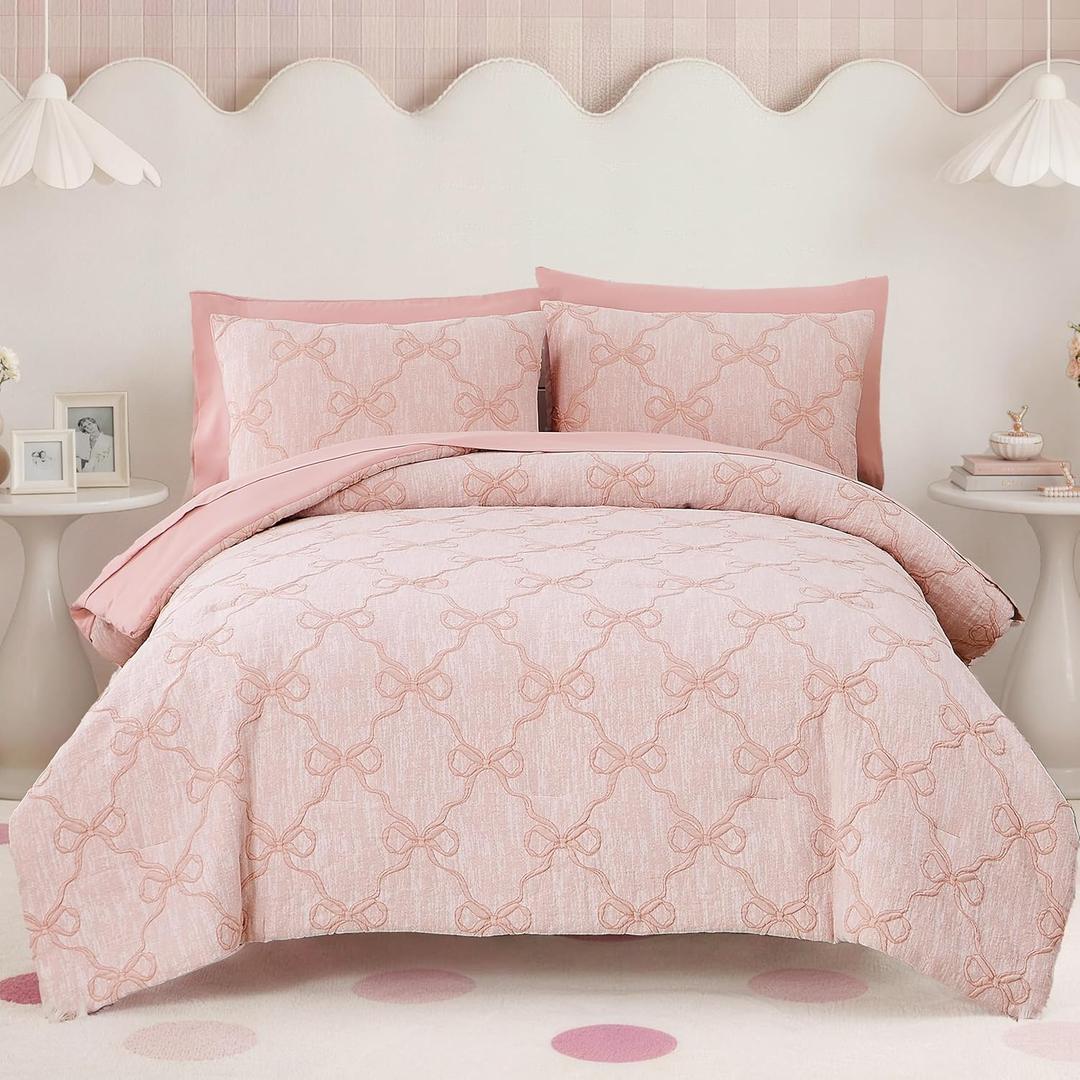 BLOOMHAVEN Twin XL Comforter Set for Girls, 5 Pieces Pink Bow Bedding Set, All Seasons Kids Twin Comforter Set with Sheets, Pillowcase & Sham