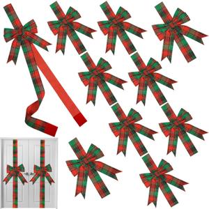 MCEAST 10 Pieces Christmas Red and Green Buffalo Plaid Cabinet Bows, Polyester, 10 x 87 Inches