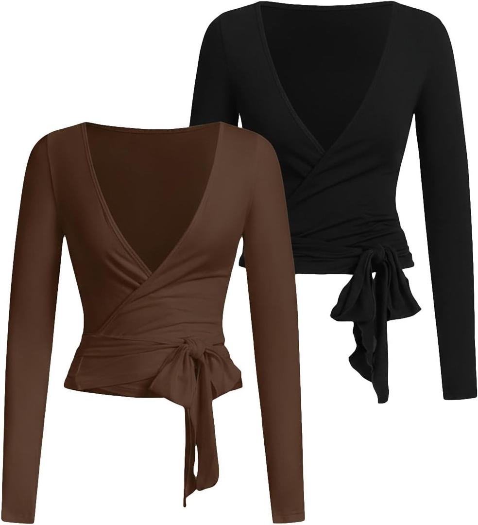 SweatyRocks Women's Pilates Outfits Wrap Tops Ballet Yoga Coquette Shirt Cute Long Sleeve Workout Activewear (Medium, Black and Brown)