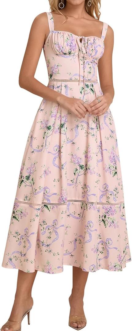 KUTUMAI Floral Corset Midi Dress Lace Up Cutout Flowy Summer Wedding Guest Dresses for Women Sundress with Pockets (Pink, L)