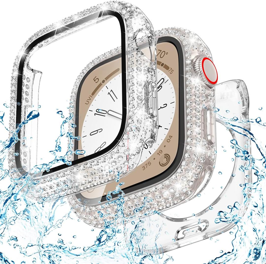 Goton 40mm Waterproof Bling Case for Apple Watch Screen Protector SE 3/2/1,Series 6/5/4 40 mm, Sparkling PC Front Bumper & Hollow Back for iWatch Cover, Splash-Resistant, Easy Install (Clear)