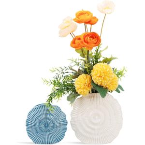 Coastal Vase Set of 2 - Seashell Decor Centerpiece for Shelf & Coffee Table, Blue and White Modern Ribbed Ceramic Flower Vase Home Accents with Shell Design, Beach Decor