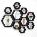 WONFUlity Hexagon Floating Shelves Honeycomb Wall Mounted Wood Farmhouse Storage for Bathroom, Kitchen, Bedroom, Living Room - Driftwood Finish Wall Decor, Black (10PC)