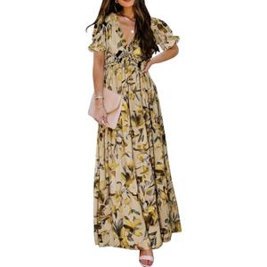 BLENCOT Womens Casual Boho Floral Printed V Neck Short Sleeve Long Evening Dress Ruched Cocktail Party Maxi Wedding Dress (Medium, Yellow)