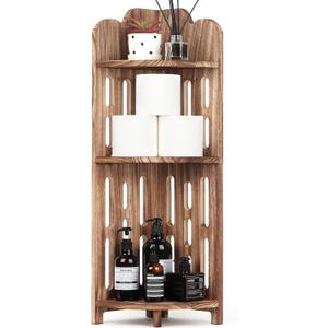 Meangood Bathroom Corner Shelf Stand, 3 Tier Solid Wood Display for Narrow Space, Shower Shelf, Plant Stand Nightstand, Living Room, Bedroom, Home Office, Elegant Carbonized Black