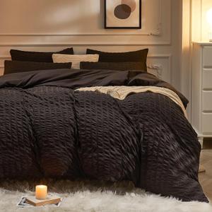 JELLYMONI Black Duvet Cover Full Size, 3pcs Washed Microfiber Bedding Set, Soft Breathable Seersucker Duvet Cover Set with Zipper Closure and Corner Ties for All Seasons