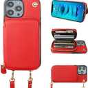 Bocasal Crossbody Wallet Case for iPhone 14 Pro, RFID Blocking Leather Purse Case with Card Holder, Protective Handbag Flip Cover with Slots Zipper Wrist Strap Lanyard for Women 5G 6.1 Inch (Red)
