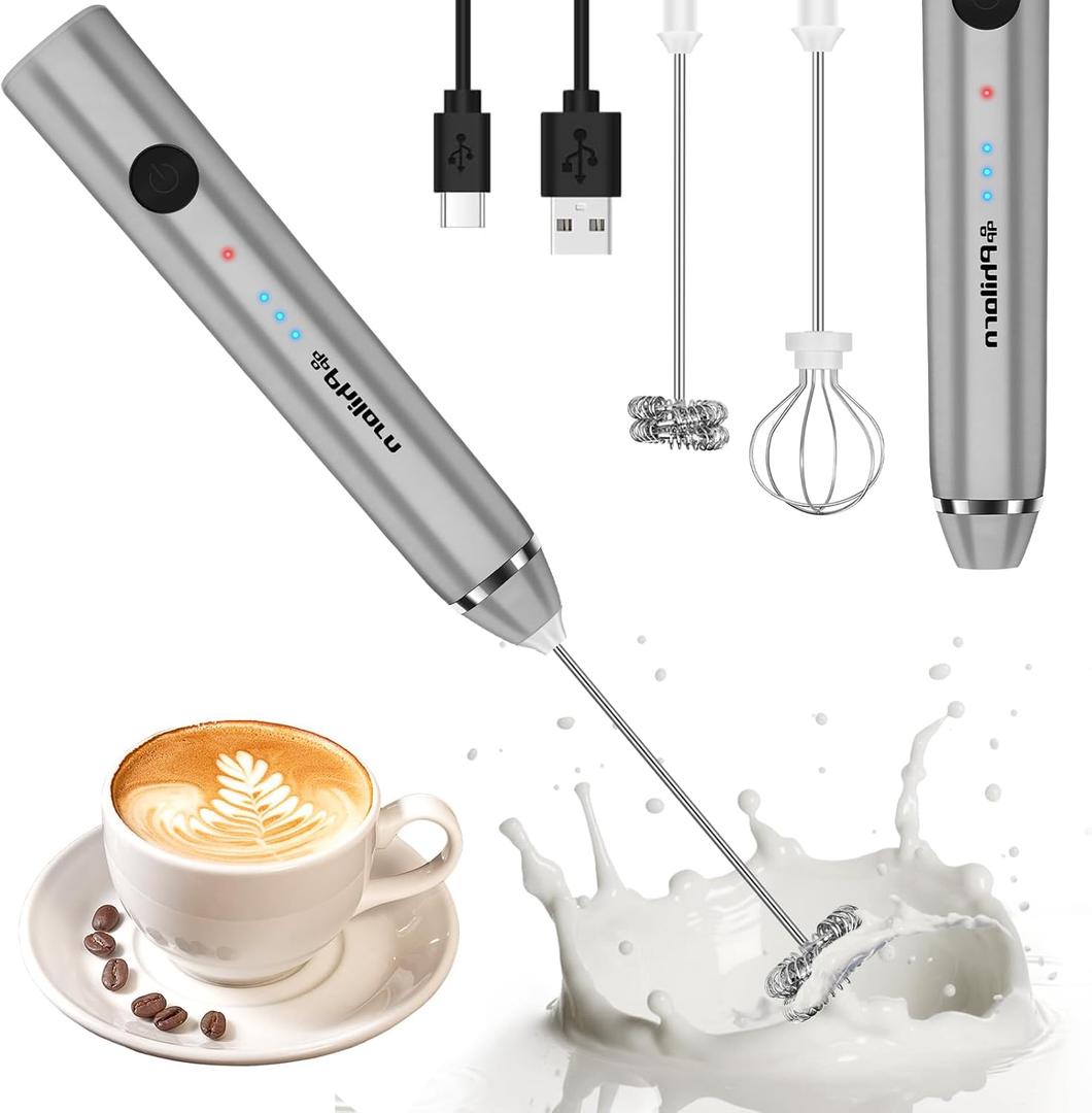 Philorn Milk Frother Wand Handheld Rechargeable Electric Whisk Coffee Drink Mixer, Mini Foamer for Lattes, Cappuccino, Frappe, Matcha, Hot Chocolate, Protein Powder, Keto Diet (Silver 2 Heads)