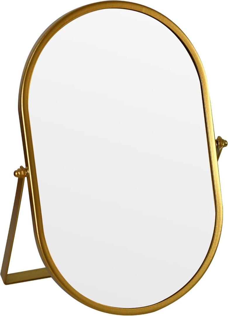 Tstarer Oval Vanity Mirror with Stand, Gold Metal Frame, Tabletop Makeup Mirror (Gold, 7.1 x 11 inches)