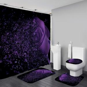 Yddsky 4 Pcs Purple Rose Shower Curtain Sets with Rugs Black Bathroom Sets with Shower Curtain and Rugs Modern Bathroom Curtains Shower Set with Toilet Lid Cover for Women Bathroom Decor Accessories