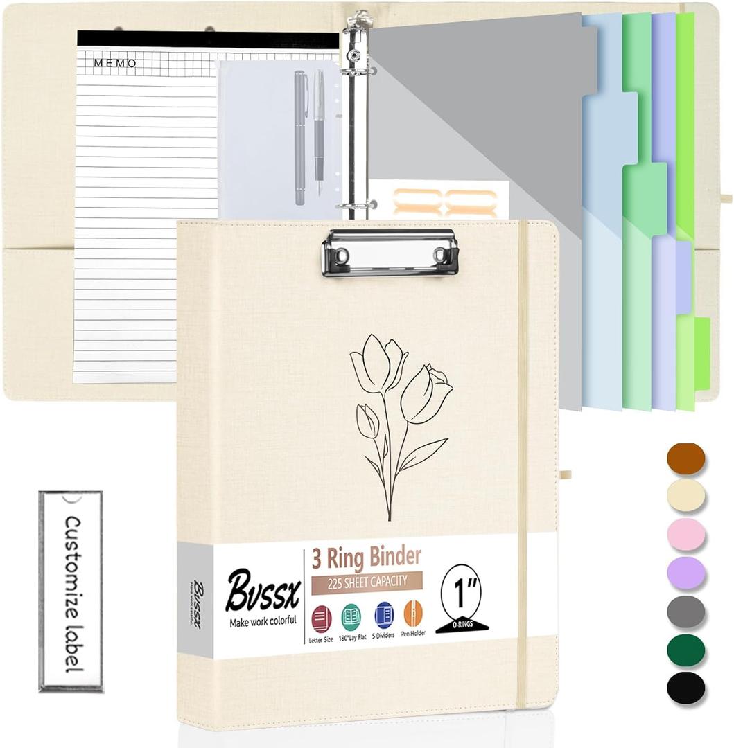 3 Ring Binder with Clipboard,1 Inch Binders with Notepad&5 Dividers with Pockets, Labels,PU Clipboards for School Office(Beige Flower,Letter Size)