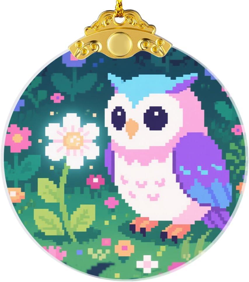 2 x Pixel Art Owl in Flowers Ornaments, Owl Christmas Ornament, Owls Gifts for Women, Owls Decor Bird Ornament 2.75" Glass Decorative Hanging Ornaments