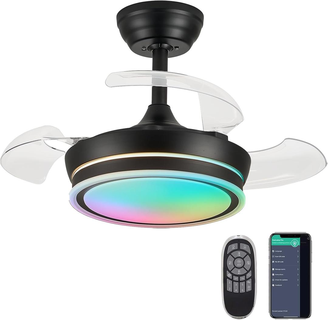 30" Retractable Ceiling Fan with Light, RGB Modern Fandelier 6 Speeds Reversible Blades Dimmable Remote App Control Memory Timer Black