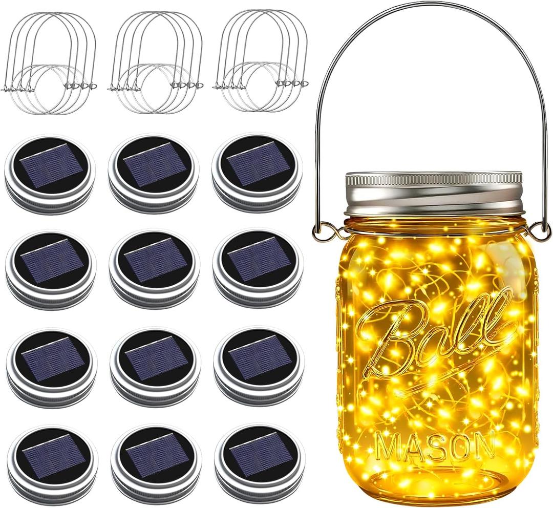 Mason Jar Solar Lights for Outside, 12 Pack 30 LED Fairy Firefly Lights Mason Jar Solar Lids Outdoor Waterproof String Lights with Hangers(NO JARS) for Patio Garden Yard Lawn Decor - Warm White