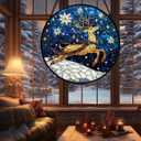 Stained Glass Window Hanging - Reindeer Blue Starry Sky Suncatcher for Doors Home Christmas Decoration Winter Sun Catcher Thanksgiving New Year Birthday Gifts for Women Men Mom Nana 6.3 in (Blue and Gold)